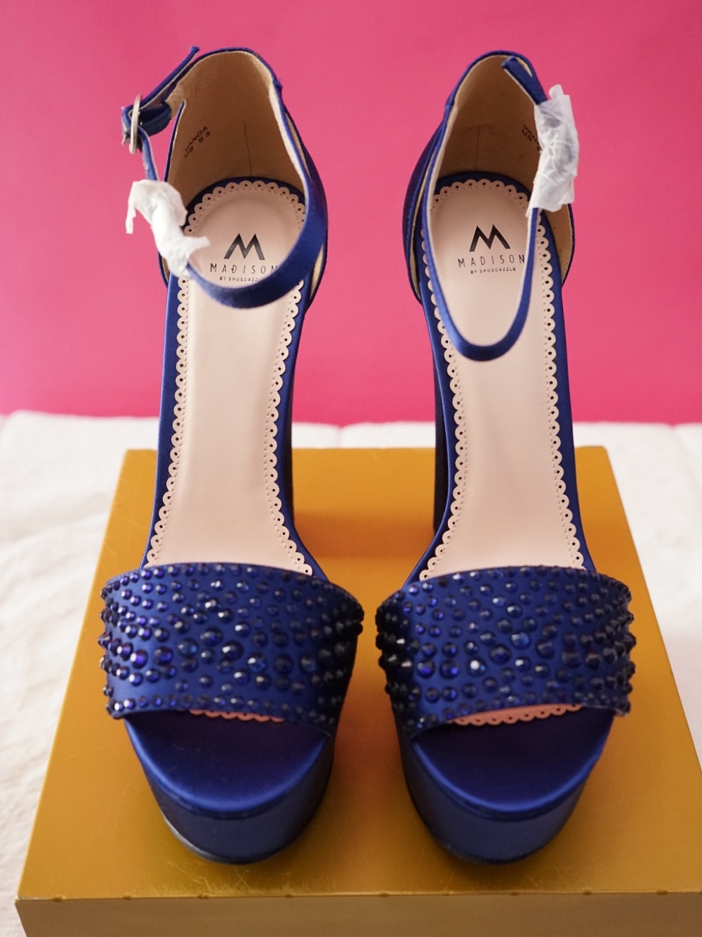Option  ShoeDazzle Vanda Sapphire Blue Crystal Embellished Platform Heels 9.5